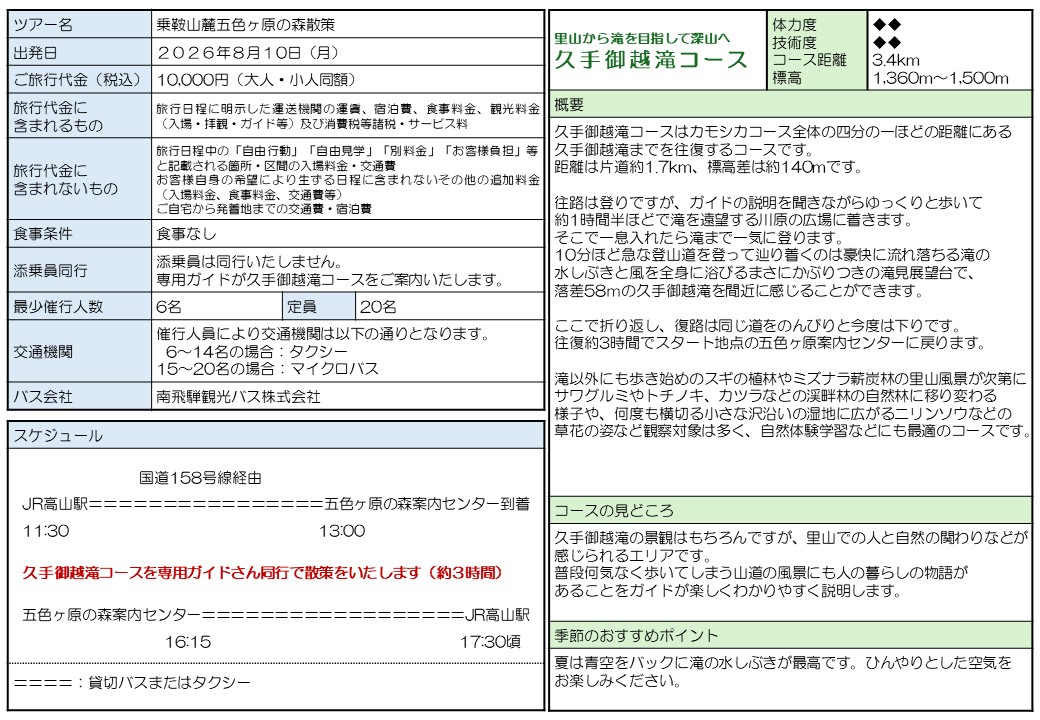 現地発着ツアー 山麓五色ヶ原の森散策 行程表