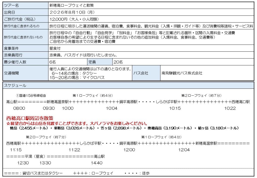 現地発着ツアー 新穂高ロープウェイと散策 行程表