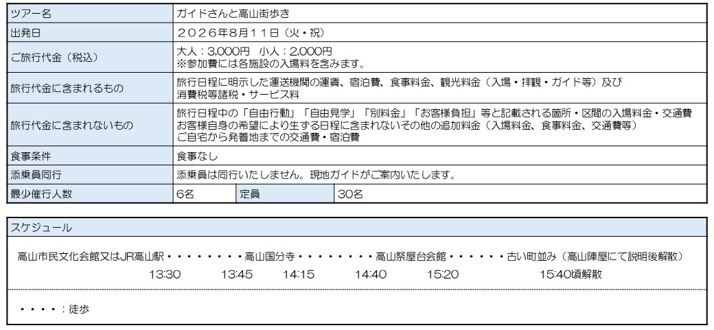 現地発着ツアー ガイドさんと高山街歩き 行程表